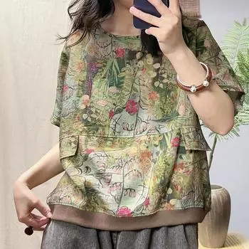 Летние новые ретро повседневные топы трикотажные хлопковые прошитые края с принтом футболка с коротким рукавом для женщин One Size