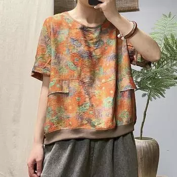 Летние новые ретро повседневные топы трикотажные хлопковые прошитые края с принтом футболка с коротким рукавом для женщин One Size