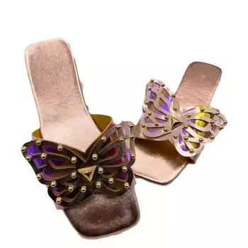 Летние новые сандалии 2024 года женские сандалии и тапочки с квадратной головкой и заклепками-бабочками в европейском и американском стиле 36 розового золота