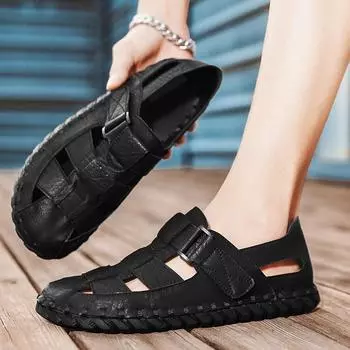 Летние новые сандалии для походов на открытом воздухе, мужская обувь, кожаные дышащие сандалии, нескользящие, плоские, с мягкой подошвой, дизайнерские сандалии ручной работы для мужчин 38 чёрный