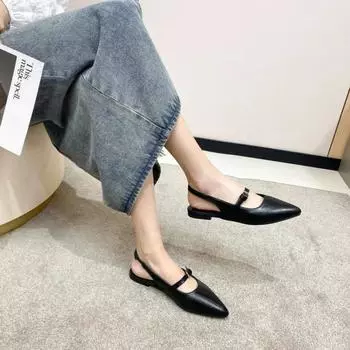 Летние новые сандалии для женщин: Черный остроконечный головной убор, прямой пояс, пустые задние сандалии French Simple Casual 35