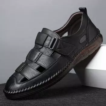 Летние новые сандалии из коровьей кожи в деловом стиле, классические римские сандалии 2024 года, тапочки для отдыха на природе, пляжные резиновые мужские сандалии для походов по воде 38 чёрный