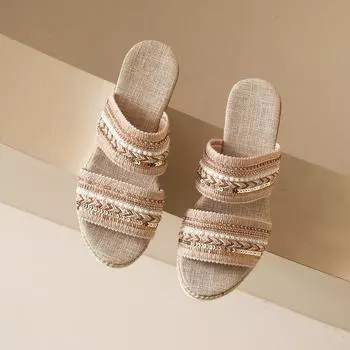 Летние новые сандалии с наклонной подошвой в стиле ретро-богем, сандалии большого размера с наклонным каблуком, женские, плетеные, универсальные, сетчатые 36 абрикосовый