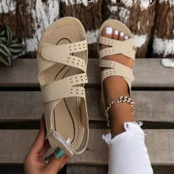 Летние новые сандалии с толстой подошвой, полый наклонный каблук, застежка-липучка, однотонные, дышащие, с открытым носком 36 чёрный