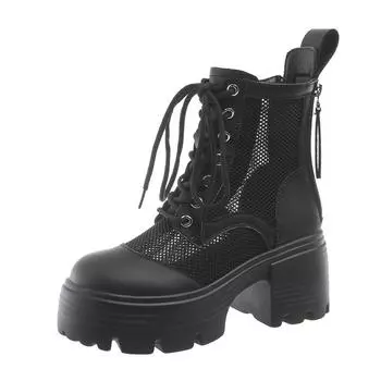 Летние новые сандалии, женские сетчатые сапоги с вырезами, черные увеличивающие рост туфли из искусственной кожи, сандалии с дышащим каблуком 8 см 34