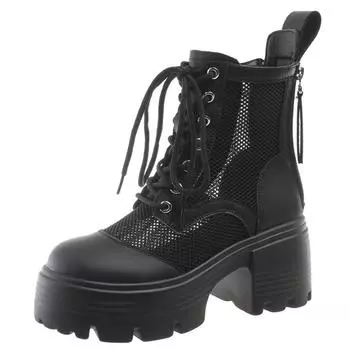 Летние новые сандалии, женские сетчатые сапоги с вырезами, черные увеличивающие рост туфли из искусственной кожи, сандалии с дышащим каблуком 8 см 34 чёрный