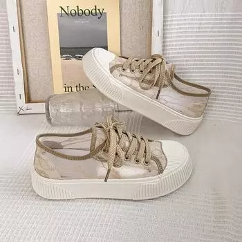 Летние новые сетчатые дышащие кроссовки на шнуровке для женщин, повседневные, с толстой подошвой, с круглым носком, удобные, с плоской подошвой, для студентов 35