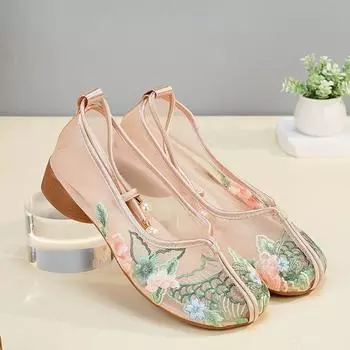 Летние новые сетчатые тонкие повседневные туфли, дышащие, с низким квадратным каблуком, мягкая подошва, удобные женские вышитые туфли 35 розовый