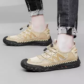 Летние новые сетчатые туфли для мужчин 2024 года, трендовые повседневные дышащие туфли-лоферы на плоской подошве с мягкой подошвой, нескользящая обувь для отдыха на природе 38 бежевый