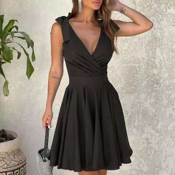 Летние новые сексуальные женские платья без рукавов с бантом, высокая талия, элегантный V-образный вырез, короткое вечернее платье для женщин, повседневное облегающее однотонное модное женское платье 26096 S чёрный