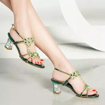 Летние новые стильные босоножки на высоком каблуке со стразами, женские модные сексуальные пляжные туфли с открытым носком, римские туфли с бриллиантами 33(Foot21.5cm) фиолетовый