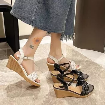 Летние новые стильные легкие туфли с открытым носком и круглым носком, модные римские туфли на высоком каблуке, женские элегантные повседневные босоножки на танкетке, женская обувь 36