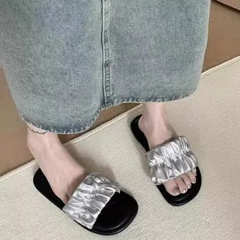 Летние новые стильные модные элегантные повседневные женские туфли однотонные с круглым носком легкие тапочки на плоской подошве с открытым носком 35 серебряный