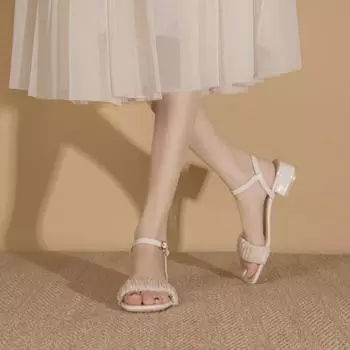 Летние новые стильные модные туфли темперамент сандалии с квадратным носком на высоком каблуке плиссированные женские туфли с одним ремешком на толстом каблуке 35 абрикосовый