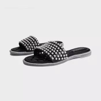 Летние новые стильные тапочки на плоской подошве с одним ремешком и жемчугом, повседневные домашние и выездные модные туфли-двойки 34 чёрный