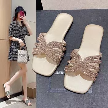 Летние новые стильные тапочки в римском стиле со стразами и перекрестными ремешками для женщин, плоские тапочки с квадратным носком для верхней одежды 36 чёрный