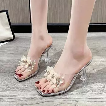 Летние новые тапочки 2024 года для женщин с открытым носком, прозрачные туфли на высоком каблуке в стиле феи с цветочным принтом и бриллиантами для женщин 34 бежевый