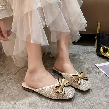 Летние новые тапочки Bow Net Bread Head Half Slippers для ношения на низком каблуке без застежек 35