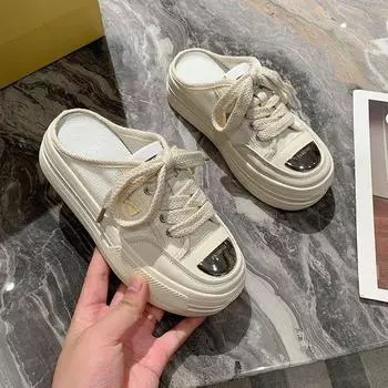 Летние новые тапочки на платформе с круглой головкой и кружевом в цветных блоках (ткань) Студентки для отдыха и спорта, полутапочки с носком 35