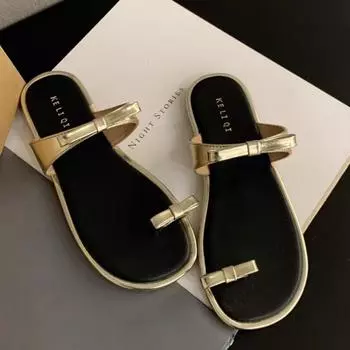 Летние новые тапочки на плоской подошве с круглым носком и бантом, пляжные сандалии с мягкой подошвой, нескользящие, износостойкие 35 бежевый