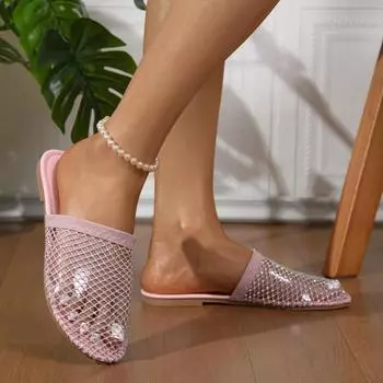 Летние новые тапочки с круглым носком, полые, с бриллиантами, летние сексуальные большие модные тапочки с плоской подошвой 36 розовый