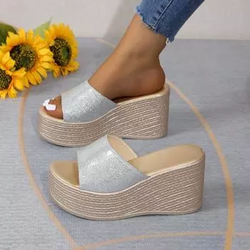 Летние новые тапочки с толстым дном и наклонным каблуком, водонепроницаемые тапочки с толстым дном и рисунком «рыбий рот», классные тапочки для стола, импортные тапочки большого размера для пляжа 35 серебряный