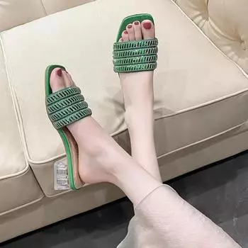 Летние новые тапочки со стразами для женщин, сексуальные туфли на высоком каблуке-шпильке с открытым носком, сандалии больших размеров с квадратным носком, шлепанцы Zapatillas Mujer 35 зелёный