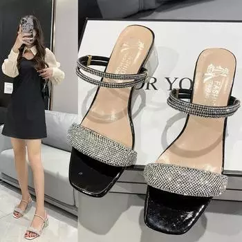 летние новые толстые каблуки тапочки женские носят шлепанцы со стразами средний каблук квадратный носок две носить сандалии 35