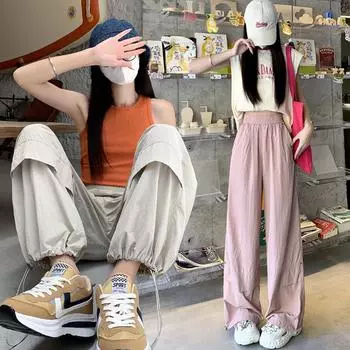 Летние новые тонкие плиссированные свободные длинные брюки с высокой талией XS розовый