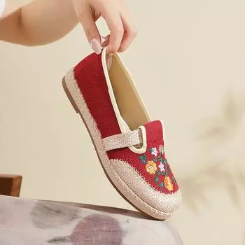 Летние новые трендовые женские туфли-одиночки в корейском стиле, однопедальные льняные дышащие повседневные туфли в китайском стиле, маленькие свежие свободные туфли из ткани 35 бордовый