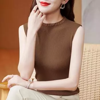 Летние новые трикотажные повседневные майки с полувысоким воротом, женские майки, однотонные простые топы без рукавов, жилеты для женщин, модные элегантные облегающие женские майки 26044 One Size белый