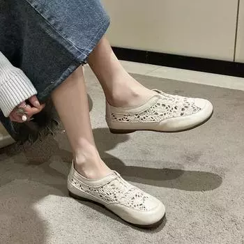 Летние новые туфли Baotou Flats Retro Soft Bottom Single Shoes Lace Mesh Slip on Loafers Solid Casual Round Toe Sapatos Femimino 35 чёрный