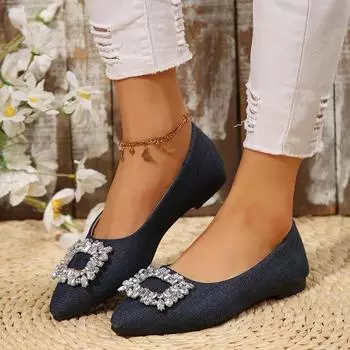 Летние новые туфли-лодочки Fairy Wind с острым носком на плоской подошве, с неглубокой горловиной, со стразами и квадратной пряжкой, модные женские туфли на низком каблуке 36