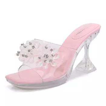 Летние новые туфли на прозрачном каблуке-кристалле, серебристые босоножки со стразами, туфли-рюмки и крутые шлепанцы для женщин 35