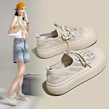 Летние новые туфли с круглым носком, белые туфли для студентов, повседневные туфли с кексами, полые дышащие повседневные туфли с большим носком 35 чёрный