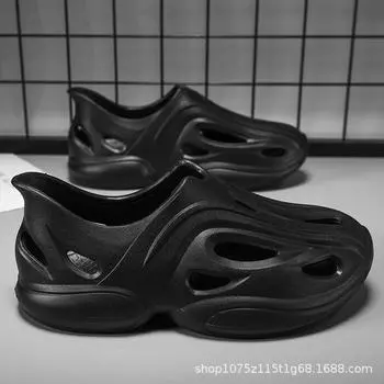 Летние новые туфли с отверстиями мужские уличные спортивные повседневные однотонные сандалии нескользящая пляжная обувь 38-39 чёрный