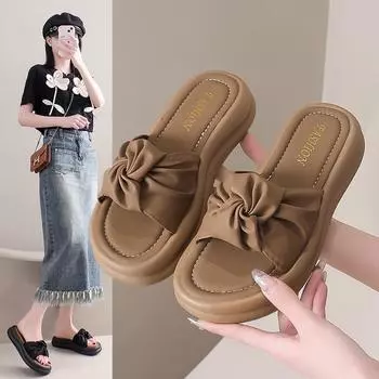 Летние новые универсальные нескользящие женские тапочки в стиле феи на среднем каблуке для отдыха на открытом воздухе 35 хаки