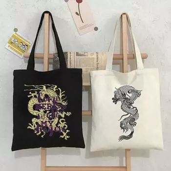 Летние новые винтажные холщовые сумки с принтом дракона, повседневные сумки большой вместимости в стиле хип-хоп, женская сумка в стиле Харадзюку в стиле панк с героями мультфильмов 24*26cm