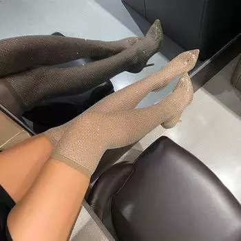 Летние новые вязаные носки на тонком каблуке, модные женские сапоги на высоком каблуке, высокие сапоги до колена, большие размеры, со стразами, тонкие, классные сапоги 34