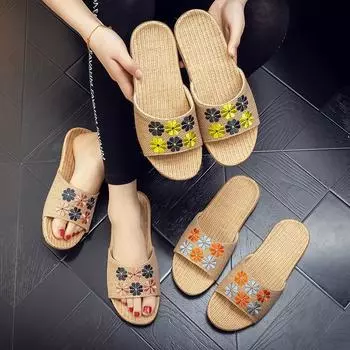 Летние новые вышитые льняные тапочки 35 оранжевый