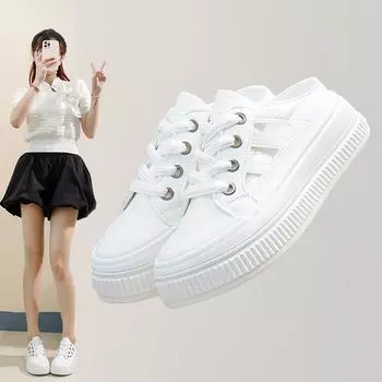 Летние новые закрытые полутапочки для улицы повседневные туфли без застежек на тонкой подошве белого цвета 35 чёрный