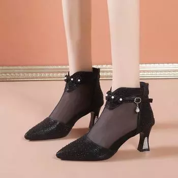 Летние новые заостренные сетчатые дышащие водные бриллианты на высоком каблуке с пряжкой большого размера удобные и модные одинарные туфли для женщин 34 серебряный