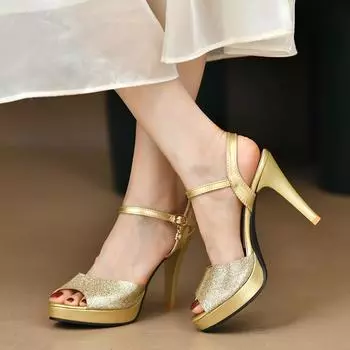 Летние новые женские босоножки Fish Mouth на толстой подошве с открытым носком, водонепроницаемой платформой, высоким каблуком и ремешком с пряжкой 35 золотой