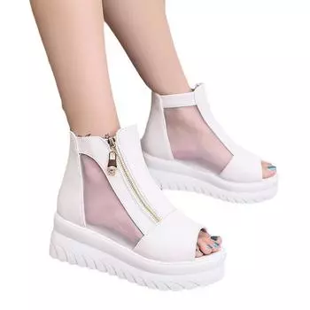 Летние новые женские босоножки на толстой подошве с покатым каблуком и бисквитной сеткой, повседневные туфли с боковой молнией «рыбий рот», женские сандалии 40 белый