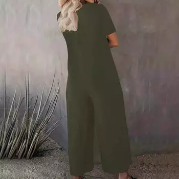 Летние новые женские брюки однотонные с карманами свободные повседневные с короткими рукавами комбинезон женский S чёрный