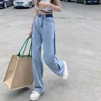 Летние новые женские джинсы с высокой талией, широкие, утягивающие, прямые, длинные брюки, цветные, чувственный, корейский стиль L синий
