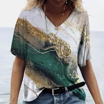 Летние Новые Женские Футболки 3d Модный Принт Градиент Харадзюку Футболка Оверсайз Футболки Для Женской Одежды Новые Топы с Коротким Рукавом и V-образным Вырезом S