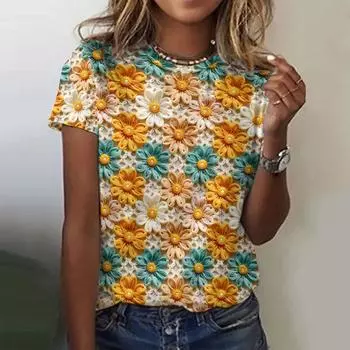 Летние новые женские футболки с 3D-цветочным принтом, модные футболки с короткими рукавами, повседневные свободные топы, трендовая женская одежда, уличная одежда XXS
