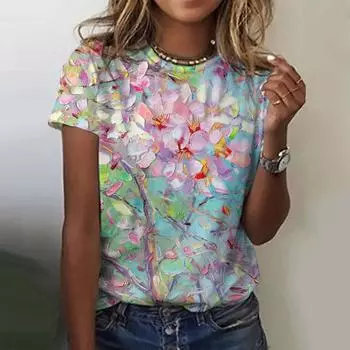 Летние новые женские футболки с масляной живописью, текстурой, 3D-цветочным узором, короткими рукавами, модная женская одежда с круглым вырезом, топы XXS