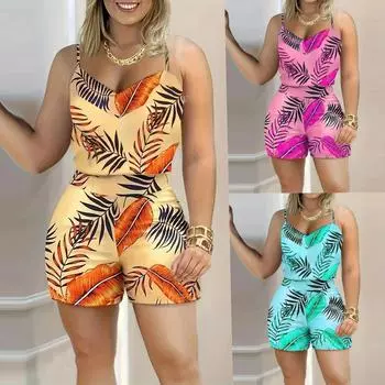 Летние новые женские костюмы, женские напечатанные подтяжки костюм шорты S жёлтый